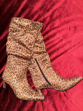Time and Tru Leopard-Print Mid-Calf Pointed Toe Kitten Heel Boots - Brown/Black